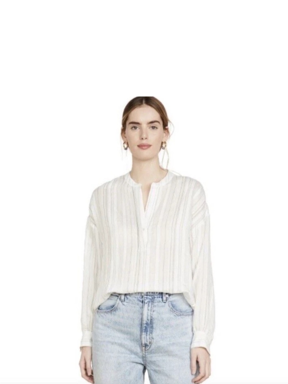Women’s VINCE WHITE STRIPED OVERSIZED HENLEY BLOUSE SIZE M